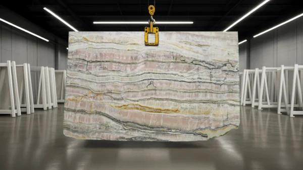 Large marble slab with pink, white, and gold veining suspended by a yellow hoist in an industrial warehouse.