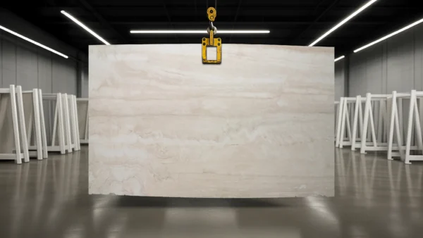Beige marble slab suspended by a yellow hoist in a warehouse, with white stacked chairs along the walls in the background.