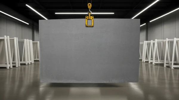 Large gray stone slab suspended by a yellow hoist in an industrial space, with white framed panels stacked along the walls in the background.