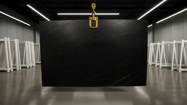 Large black panel suspended by a yellow hoist in an industrial showroom with white display stands in the background.