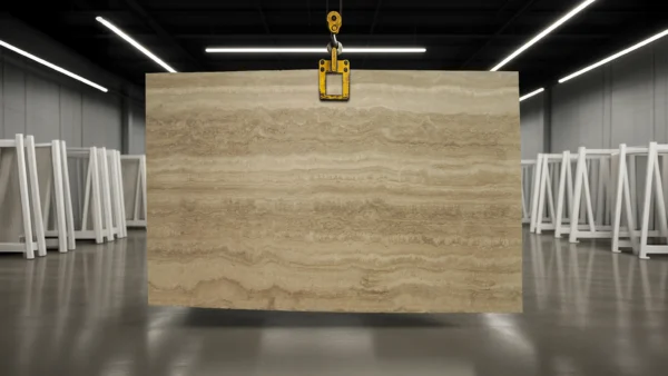 Large beige stone slab suspended by a yellow lifting clamp in an industrial warehouse.