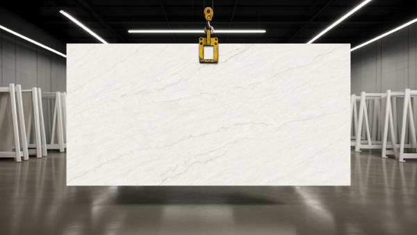 Large white marble slab suspended by a yellow hoist in a warehouse.