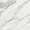 Close-up of a white marble surface with gray and light beige veining running diagonally across the slab, natural stone texture.