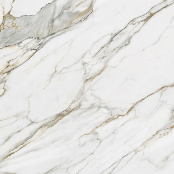 Close-up of a white marble surface with gray and light beige veining running diagonally across the slab, natural stone texture.