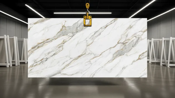 Large white marble slab with gray veining suspended by a yellow lifting clamp in an industrial showroom.