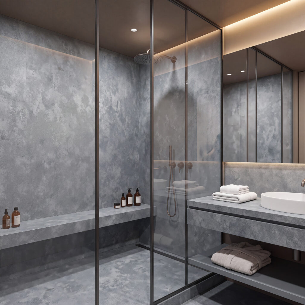Aqua Grey Quartz slab with a dark bluish-grey background and leather finish texture