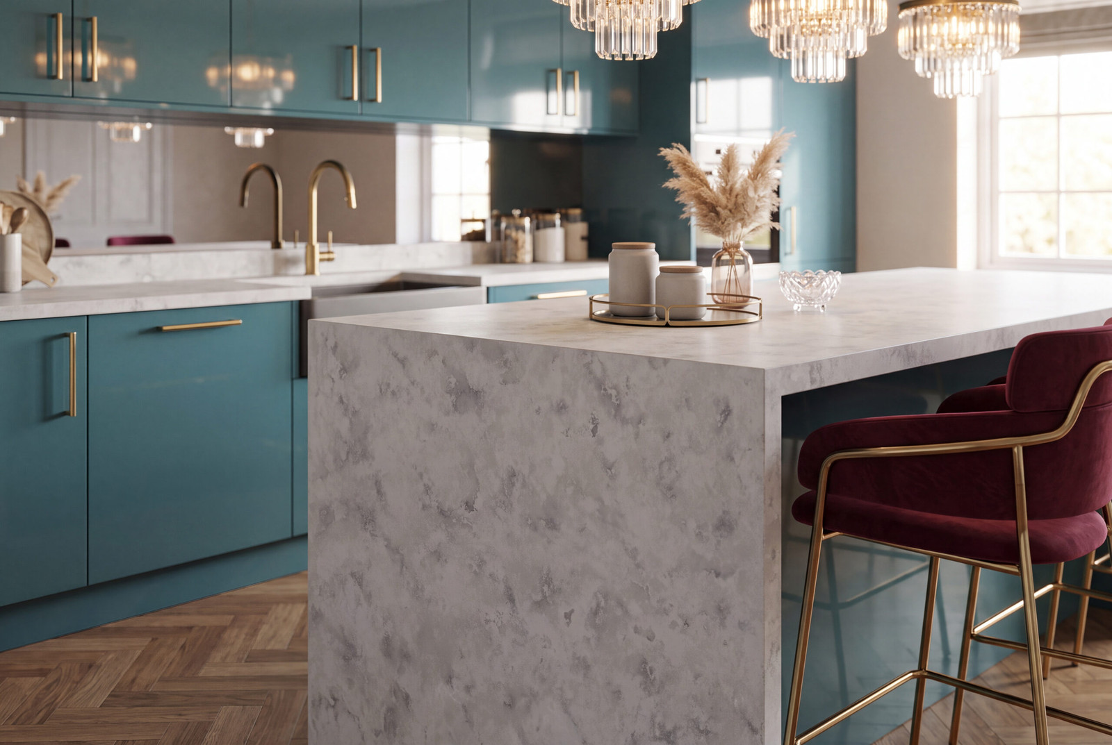 Modern teal kitchen with marble island, gold hardware, and velvet red bar stools; pampas grass centerpiece.